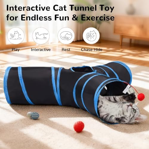 Tempcore Cat Tunnel, 3-Way Collapsible Toy, Large Size Black & Royal Blue - Image 4