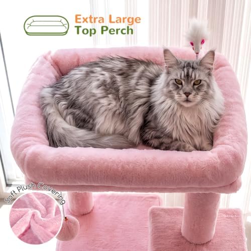 Globlazer Cat Tree Tower for Indoor Cats, 50-inch Adult Cat Tree House for Large Adult Cats with Steps, Scratching Post, 2 Cat Caves, Dangling Toys, FC50, Pink - Image 3