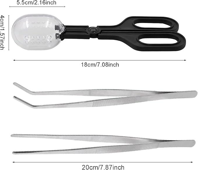 3in1 Feeding Tool Reptile Feeding Tongs Cricket Clamp Bug Scooper, Cleaning Supplies Scooper+ 2x Tweezers for Reptile, Hedgehog, Hamsters, Guinea Pig,Lizard, Spider Bearded Dragon (Black)