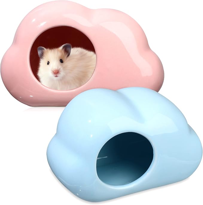 Mipcase Hamster House Ceramic Hamster Hideout, 2Pcs House Summer Cooling Hideaway Cloud Shape Small Animal Beds for Chinchilla Guinea Pig Summer Nest