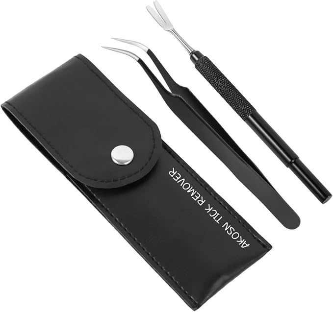 AKOSN Premium Tick Removal Tool - Stainless Steel Flea Remover for Pets Dogs Cats Humans -Safe Tick Control Puller &Precision Fine Point Tweezers to Completed Remove All Size Ticks, 1 Set