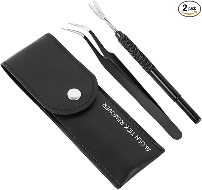 AKOSN Premium Tick Removal Tool, Perfect Tick Remover for Dogs Cats &Humans, Safe Tick Control Puller, with Precision Fine Point Tip Curved Tweezers Set, Meet Various Needs, Stainless Steel- 2 Sets