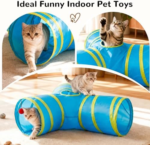 Tempcore Cat Tunnel, 3-Way Collapsible Toy for Indoor Cats, Blue & Yellow - Image 7