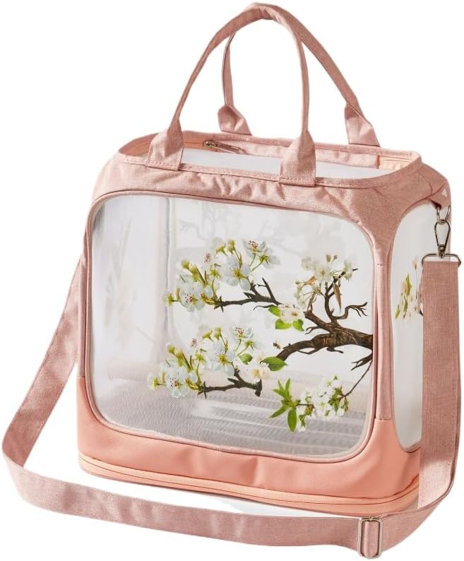 Transparent Bird Parrot Transport Cage Foldable Large Capacity Pet Carrier Bag Adjustable Shoulder Strap with Tray (Pink(Flowers))