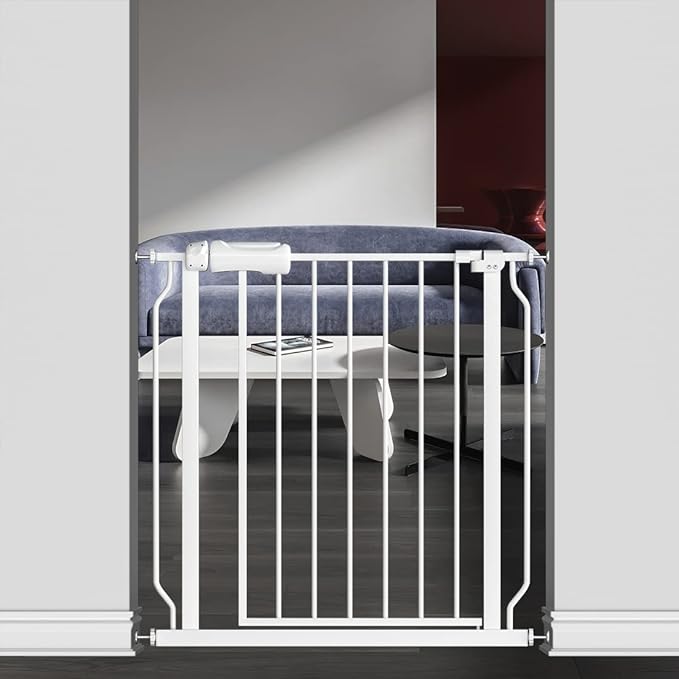 Extra Wide Baby Safety Gate 29.6-33.8Inch Auto Close Child Gates, Pressure Mounted Gate for Stairs & Doorways, Indoor/Outdoor Heavy-Duty Pet Gate for Toddlers, Dogs, White