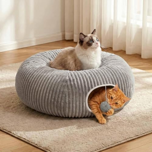 Cat Tunnel Bed for Indoor Cats, Peekaboo Cat Cave Bed, Grey - Image 6