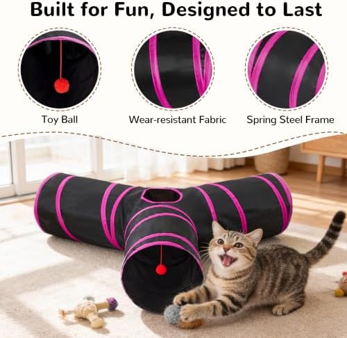 Tempcore Cat Tunnel, 3-Way Collapsible Toy, Large Size Black & Rose Red - Image 5