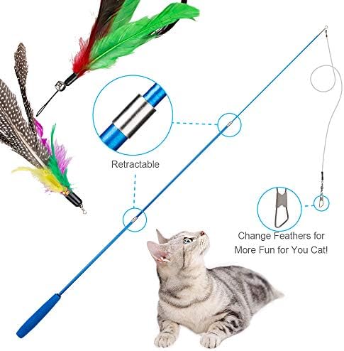 JIARON Cat Toys Interactive Feather Toy, 2PCS Retractable Wand and 10PCS Replacement Teaser with Bell Refills, Interactive Catcher and Funny Exercise for Kitten. - Image 3