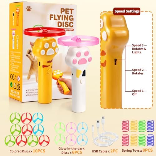 BABORUI Cat Toy Disc Launcher, Rechargeable Interactive Cat Fetch Toy Launcher with 16 Flying Discs, Flying Enrichment Toys for Indoor Bored Kittens & Adult Cats (Yellow+White) - Image 7