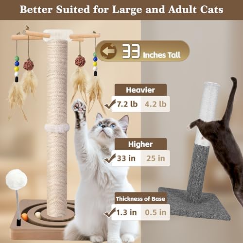 Tall Cat Scratching Post, 33 Inch Sisal Scratcher with Toys for Large Cats - Image 2