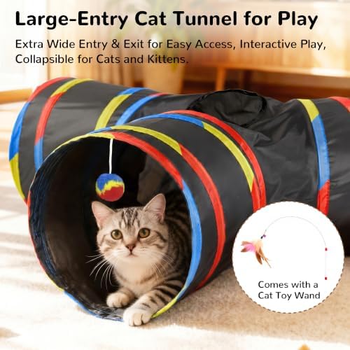 Tempcore Cat Tunnel, 3-Way Collapsible Toy for Indoor Cats, Black & Rainbow - Image 3
