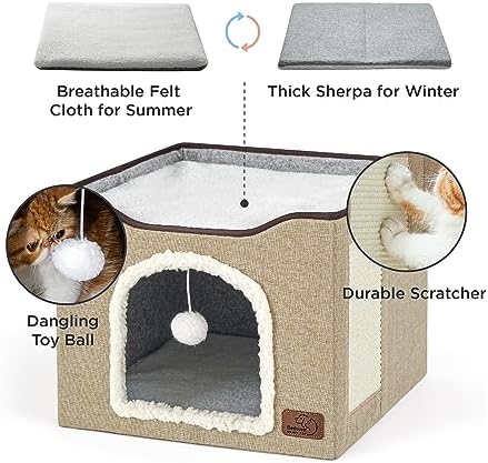 Bedsure Cat House Bed for Indoor Cats with Fluffy Ball and Scratch Pad - Image 3
