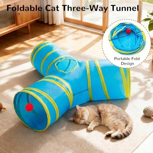 Tempcore Cat Tunnel, 3-Way Collapsible Toy for Indoor Cats, Blue & Yellow - Image 6