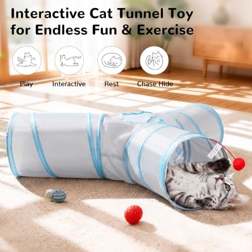 Tempcore Cat Tunnel, 3-Way Collapsible Toy, Large Size Light Grey & Blue - Image 4