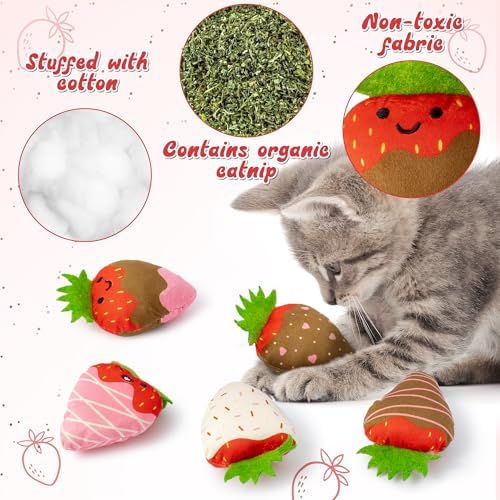 MALLMALL6 Catnip Toys for Cat - 5Pcs Strawberry Chocolate Crinkle Paper Sound Catmint Toy for Indoor Kitten, Teething Chew Kick Interactive Kitty Supplies, Pet Present for Kitten Lover - Image 3