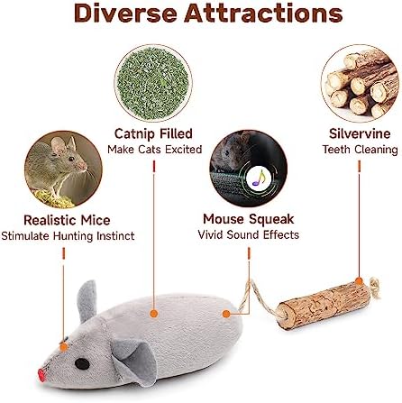 Potaroma Cat Toys: 3pcs Squeak Mice Interactive Catnip Silvervine Animals - Image 2