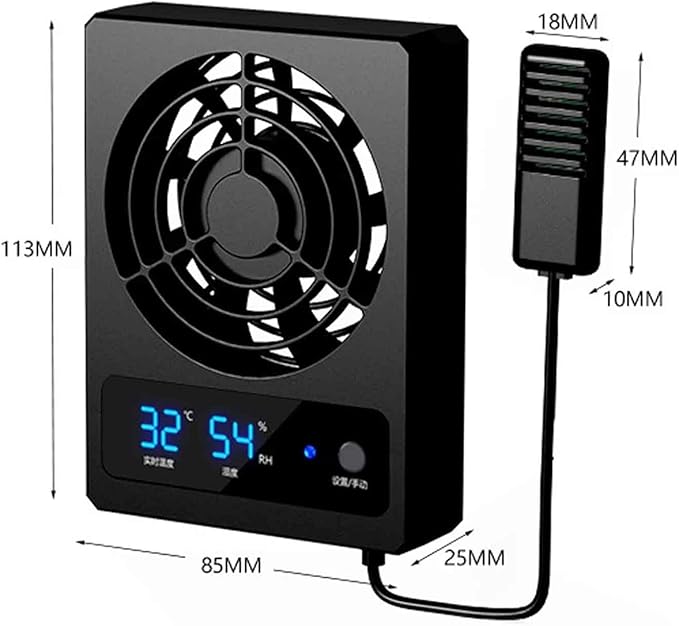 iDili Reptile Rainforest Tank Thermometer and Hygrometer, Intelligent Control Ventilation Fan Digital Display Ventilation Dehumidifica