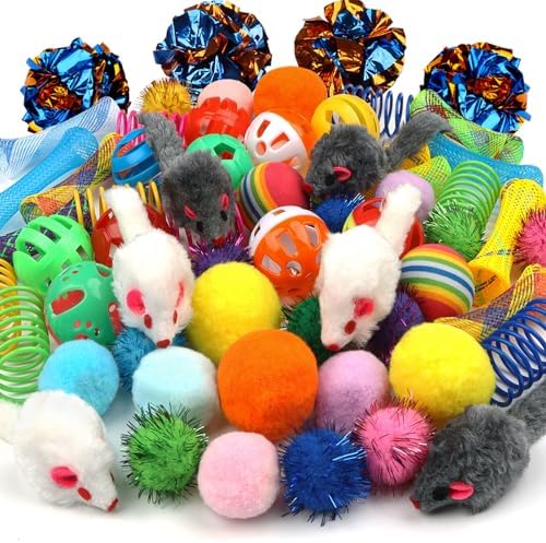 QUOZUO Kitten Toys, 60PCS Cat Balls Springs Toy Set, Cat Mouse Toy, Kitten Sparkle Crinkle Balls Furry Soft Pom Pom by QUOZUO