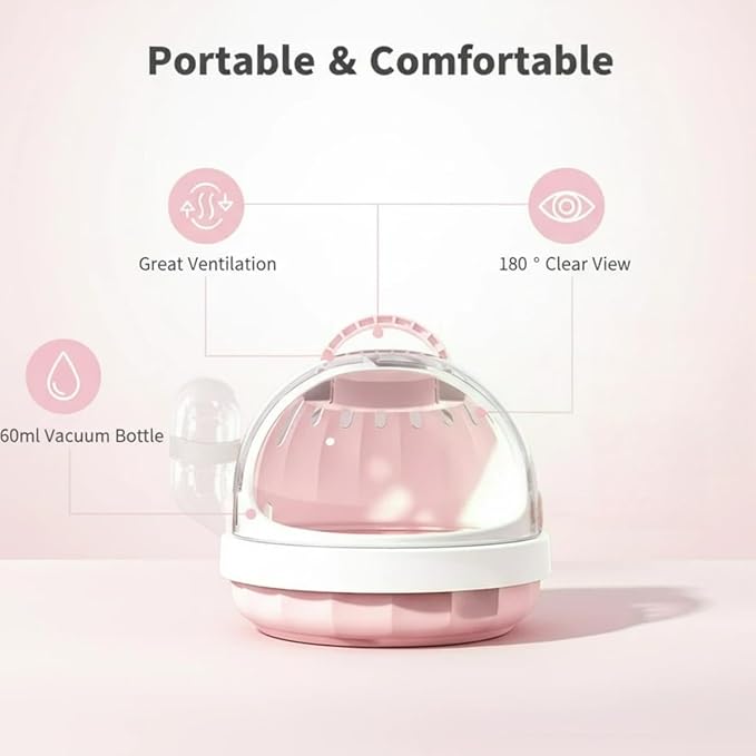 Portable Small pet Carrier with Water Bottle – Hamster Travel cage with Transparent Dome Design, Suitable for Hamsters, Sugar Gliders, and Guinea Pigs. (White Peach Pink)