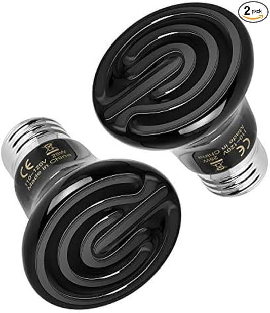 Simple Deluxe 25W/40W/50W/150W/250W Ceramic Heat Emitter Reptile Heat Lamp Bulb No Light Emitting Brooder Coop Heater for Amphibian Pet & Incubating Chicken, 25W(Mini), Black/2-Pack
