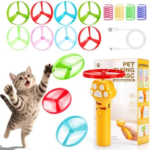 BABORUI Cat Toy Disc Launcher, Rechargeable Interactive Cat Fetch Toy Launcher with 8 Flying Discs, Flying Enrichment Toys for Indoor Bored Kittens & Adult Cats (Yellow) by BABORUI