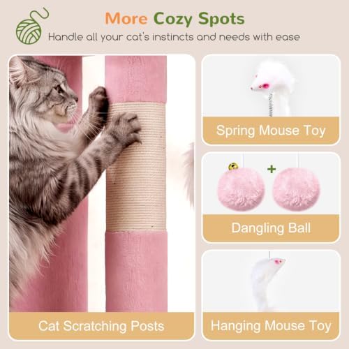 Globlazer Cat Tree Tower for Indoor Cats, 50-inch Adult Cat Tree House for Large Adult Cats with Steps, Scratching Post, 2 Cat Caves, Dangling Toys, FC50, Pink - Image 6