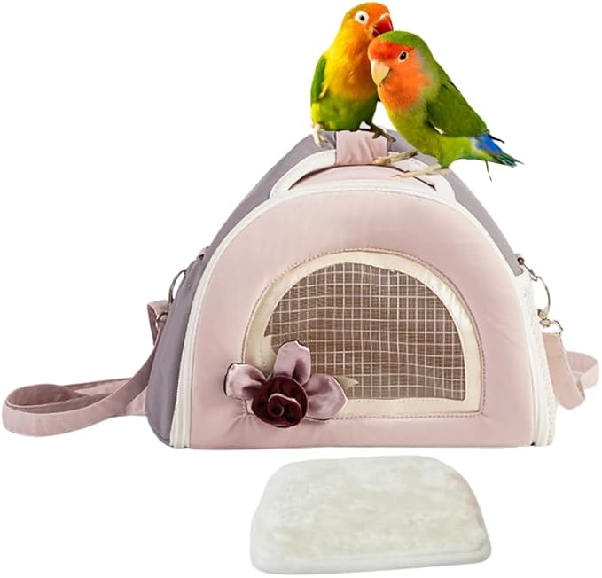 Parrots Outdoor Carriers Bag Portable Parrots Handbag with Mesh Window Bag and Pad for Parrots Bird Carrying Pet Supplies Travel Cage (Pale Pinkish Grey)