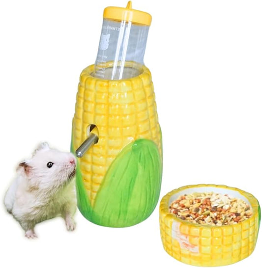 Corn Ceramic Hamster Water Bottle Stand with Food Bowl, Syrian, Gerbil, mice Water Bottles with Holder Water Feeder for Small Animals, Hamster Cage Accessories