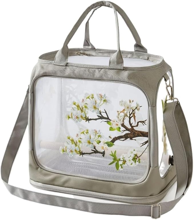 Transparent Bird Parrot Transport Cage Foldable Large Capacity Pet Carrier Bag Adjustable Shoulder Strap with Tray (Gray(Flowers))