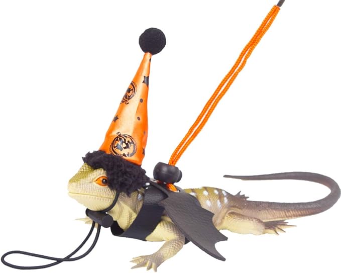 ADOGGYGO Halloween Bearded Dragon Lizard Leash Harness Hat Set - Reptile Halloween Clothe Pumpkin Hat + 3 Pack Reptile Harness Leash for Bearded Dragon Lizard