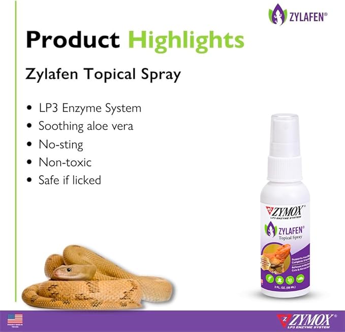 Zymox Zylafen Topical Spray for Reptiles, 2 oz. – Supports Healthy, Complete Shedding for Lizards, Snakes, Turtles & Frogs – Soothes Irritated Skin: Abrasions, Wounds, & Abnormal Shedding