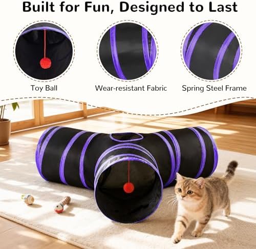 Tempcore Cat Tunnel, 3-Way Collapsible Toy for Indoor Cats, Black & Purple - Image 5