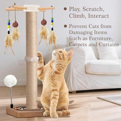 Tall Cat Scratching Post, 33 Inch Sisal Scratcher with Toys for Large Cats - Image 4