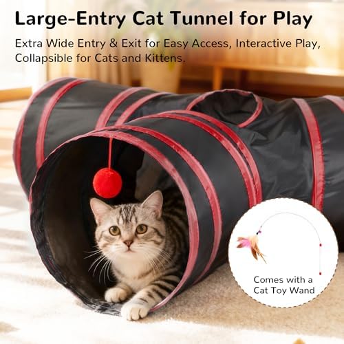 Tempcore Cat Tunnel, 3-Way Collapsible Toy for Indoor Cats, Black & Red - Image 4