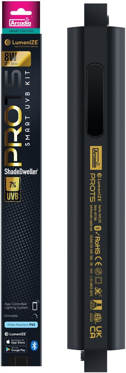 Arcadia LumenIZE ProT5 Reptile Light Fixture Kit 13" Long 8 Watts 7% UVB ShadeDweller – Smart UVB Light for Reptiles, Geckos, Skinks, Chameleons and Arboreal Tanks, Easy to Use Indoor Lighting Setup