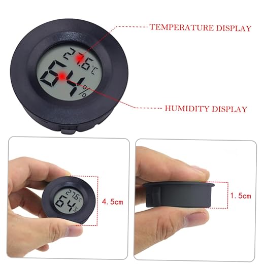 Mikikit 4pc Acrylic Round Digital Hygrometer Thermometer for Reptile Pets Embedded Electronic Temperature and Humidity for Home Use Black