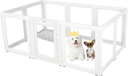EVERFRONT Clear Acrylic Plastic Dog Playpen - Clear Dog Play Pen - Easy Assemble Acrylic Dog Playpen - Puppy Playpen, Cat Playpen, Small Animal Playpen, Dog Play Pen Indoors (White, 23.6“ H, 10PCS)