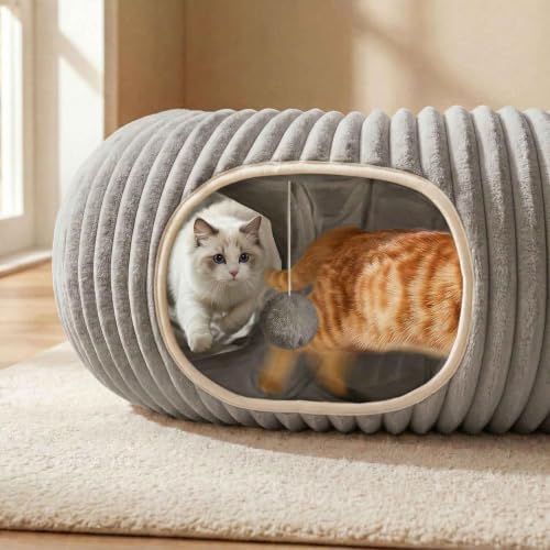 Cat Tunnel Bed for Indoor Cats, Peekaboo Cat Cave Bed, Grey - Image 2