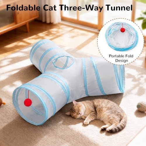 Tempcore Cat Tunnel, 3-Way Collapsible Toy for Indoor Cats, Grey & Blue - Image 6