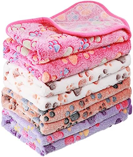 Tatuo 4 Pcs Dog Blanket for Pet Cat Blankets Indoor Puppy Teething Stuff Toys Paw Print Fleece Blanket Warm Sleep Mat for Guinea Pig Cage(White, Coffee, Pink, Purple,Small(24 x 16 Inch),Square)