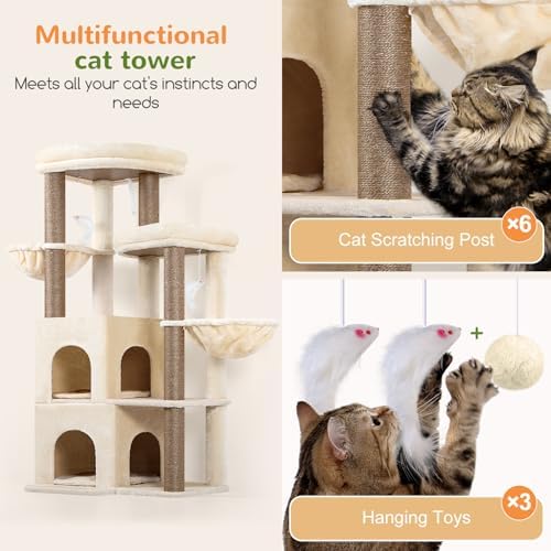 Globlazer Cat Tree Tower for Indoor Cats, Sturdy Adult Cat Tree House for Large Adult Cats with 2 Platform, 6 Cat Scratching Post, 2 Cat Caves, Dangling Toys, S63, 63 inch, Beige - Image 5