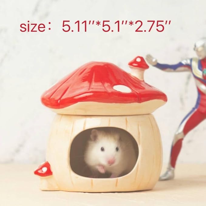 Ceramic Mushroom Hamster Hideout with Detachable Lid (Pink) - Cute Hamster House, Habitat Decor for Dwarf Rabbits, Guinea Pigs, Chinchillas, and Small Pets