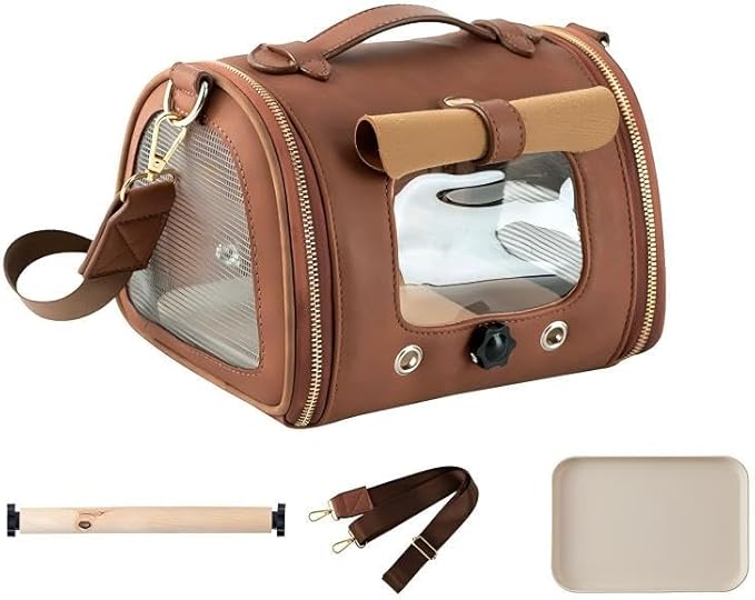 Bird Handbag with Plastic Tray, Brown Portable Parrot and Bird Travel Handbag, Suitable for Small Pets Such as Hamsters, 22x17x17cm, with mesh Window, Shoulder Strap and Standing Wooden Stick