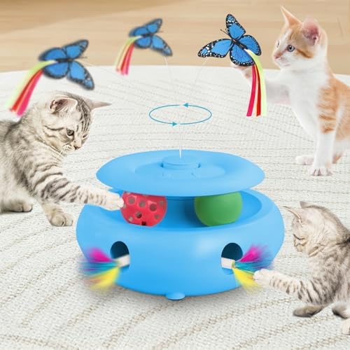 Interactive Cat Toy for Indoor Cats, 3-in-1 Automatic Kitten Toys with Fluttering Butterfly, Ambush Feather and Track Balls, USB Rechargeable Cat Enrichment & Exercise Toy by INKZOO