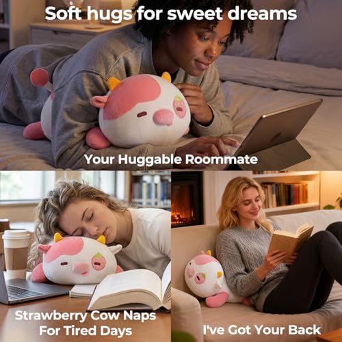 Mewaii Strawberry Cow Plush Pillow Cute Plushies, Squishy & Huggable, 13 in - Image 6