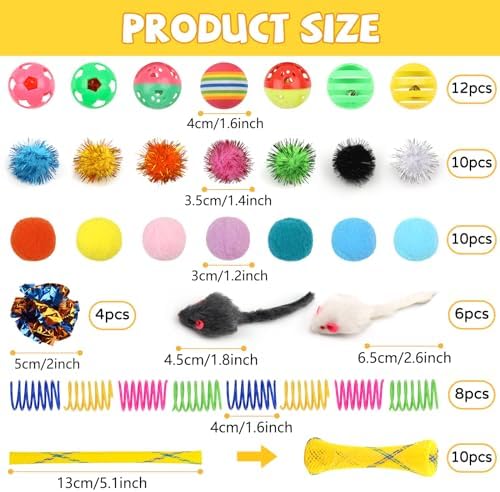 QUOZUO Kitten Toys, 60PCS Cat Balls Springs Toy Set, Cat Mouse Toy, Kitten Sparkle Crinkle Balls Furry Soft Pom Pom - Image 3