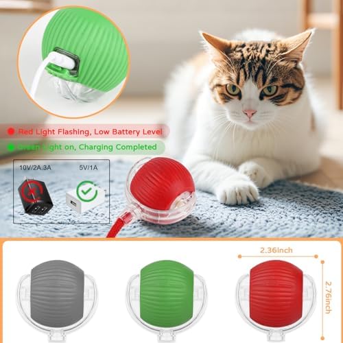 Goosheep 2025 New 3Pack Cat Ball Kitten Toys for Indoor Interactive Kitty Ball Toy Speedy Tail 360?? Automatic Rolling(Red Grey Green) - Image 3