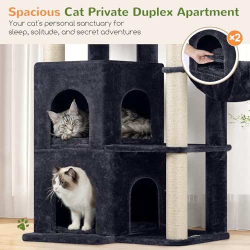 Globlazer Cat Tree Tower for Indoor Cats, Sturdy Adult Cat Tree House for Large Adult Cats with 2 Platform, 6 Cat Scratching Post, 2 Cat Caves, Dangling Toys, S63, 63 inch, Dark Grey - Image 3