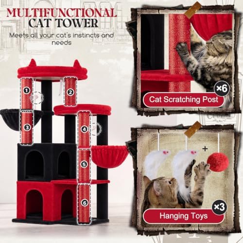 Globlazer Cat Tree Tower for Indoor Cats, Sturdy Adult Cat Tree House for Large Adult Cats with 2 Platform, 6 Cat Scratching Post, 2 Cat Caves, Dangling Toys, S63, 63 inch, Red Black - Image 5