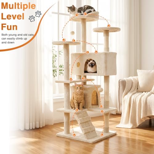 FDW | 54" Cat Tree Tower | Beige | Multi-Level Indoor Activity Center - Image 2